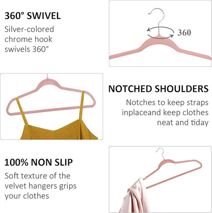 VECELO Premium Velvet Clothes Hangers Suit Heavy Duty (25 Pack)-Non Slip & Space-Saving with 6 Finger Clips & Tie Rack Excellent for Men and Women，Pink