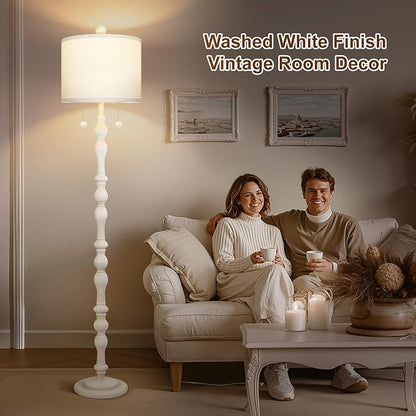 65.5” Natural Real Wood Floor Lamp for Living Room Bedroom, Dual S Cluster Socket, Pull Chains Switch, Farmhouse Tall Standing Lamp with Linen Shade for Home Room Decor (Bulbs Included)