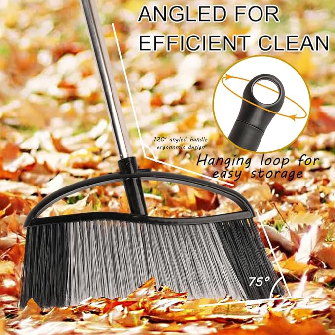 15.7" Wide Angle Heavy Duty Broom, All-Surface Outdoor Sweeper with Long Handle & Stiff Bristles for Patio, Garage, Yard (Black)
