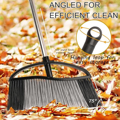 15.7" Wide Angle Heavy Duty Broom, All-Surface Outdoor Sweeper with Long Handle & Stiff Bristles for Patio, Garage, Yard (Black)