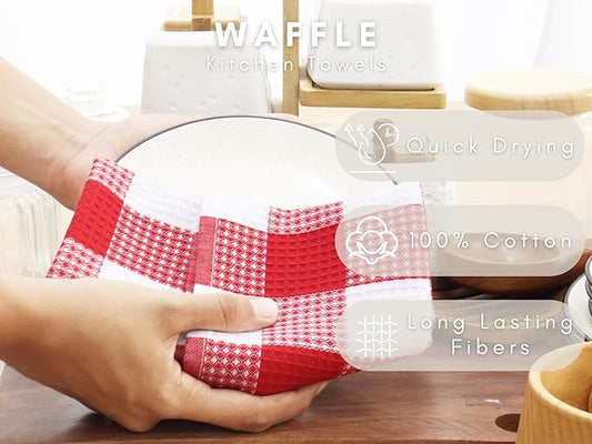 PurpleEssences 100% Cotton Waffle Weave Check Plaid Kitchen Towels, Super Soft and Absorbent Dish Towels for Drying Dishes 15x25-6 Pack - Christmas Holiday Winter - Red and White