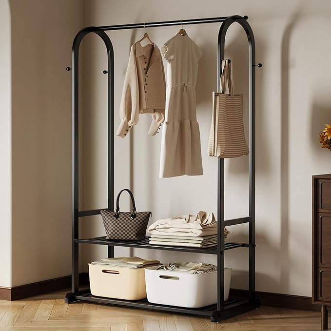 Sturdy heavy duty clothes rack,Black clothing rack with bottom shelves and 6 side hooks,Metal garment rack for hanging clothes,Wardrobe rack for Bedroom