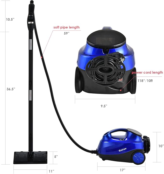 COSTWAY 2000W Multipurpose Steam Cleaner with 19 Accessories, Household Steamer w/ 1.5L Tank for Chemical-Free Cleaning, Heavy Duty Rolling Cleaning Machine for Carpet, Floors, Windows and Cars (Blue)