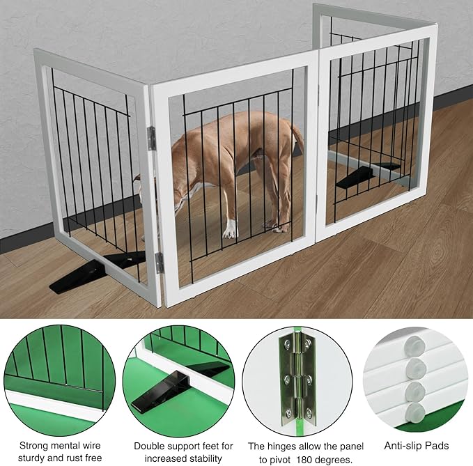 ZJSF Freestanding Dog Gate Indoor, Foldable Dog Fence for Doorways,Hallways or Stairs, Sturdy Wood Extra Wide Pet Gate with Support Feet,White,32 "Height-4 Panels
