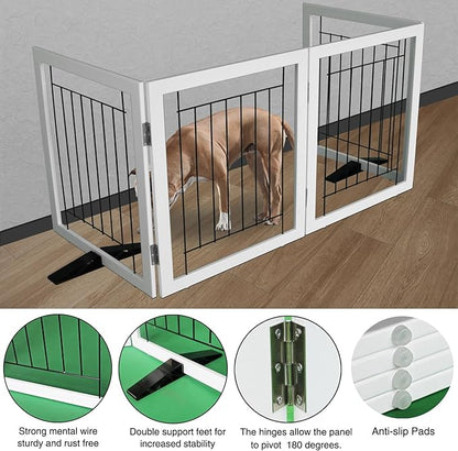 ZJSF Freestanding Dog Gate Indoor, Foldable Dog Fence for Doorways,Hallways or Stairs, Sturdy Wood Extra Wide Pet Gate with Support Feet,White,32 "Height-4 Panels