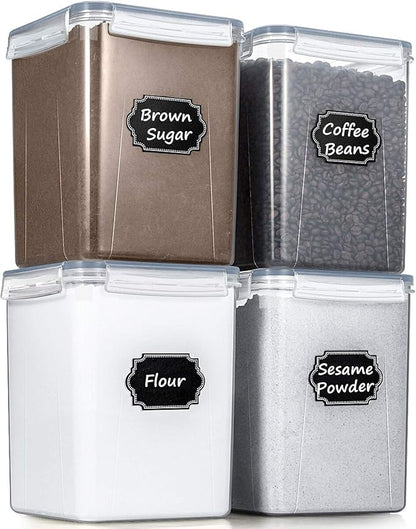 Wildone Large Food Storage Containers 5.2L /175oz, 4 Piece BPA Free Plastic Airtight Food Storage Containers for Flour, Sugar, Baking Supplies, Kitchen & Pantry Containers with 20 Labels - Gray