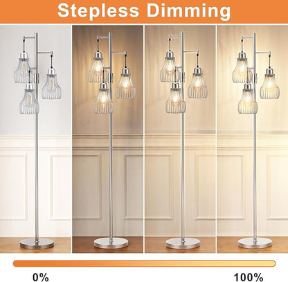 Dimmable Floor Lamp, 3 x 800LM LED Edison Bulbs Included, Farmhouse Industrial Floor Lamp Standing Tree Lamp with Elegant Cage Tall Lamps for Living Room Bedroom Office - Silver