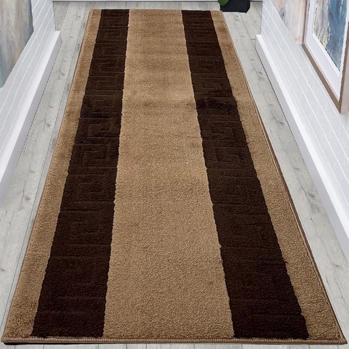 Washable Custom Size Runner Rug Meander Design Beige Brown, (2 Feet Length x 26 Inch Width) Custom Cut Slip Resistant Rubber Backing Runner Rugs, Extra Long Runner Rugs for Hallways