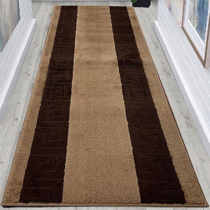 Washable Custom Size Runner Rug Meander Design Beige Brown, (2 Feet Length x 26 Inch Width) Custom Cut Slip Resistant Rubber Backing Runner Rugs, Extra Long Runner Rugs for Hallways
