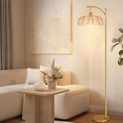Gold Arc Floor Lamp for Living Room Bedroom,Adjustable Unique Modern Floor Lamps with Remote,Vintage Glass Standing Lamp with Dimmable Bulb,Bright Flower Brass Tall Lamp for Corner Office