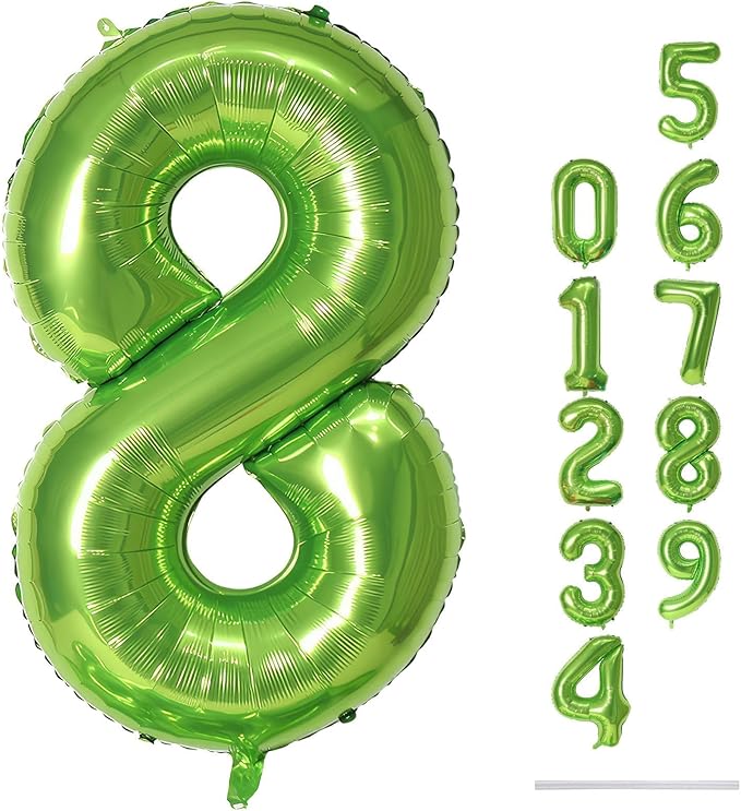40 Inch Green Foil Balloon Number 8, Giant Self Inflating Number Balloons 0-9 for Men Women, Digital 8 Helium Balloons Set for Girls Boys 8th Jungle Birthday Anniversary Party Decorations Supplies