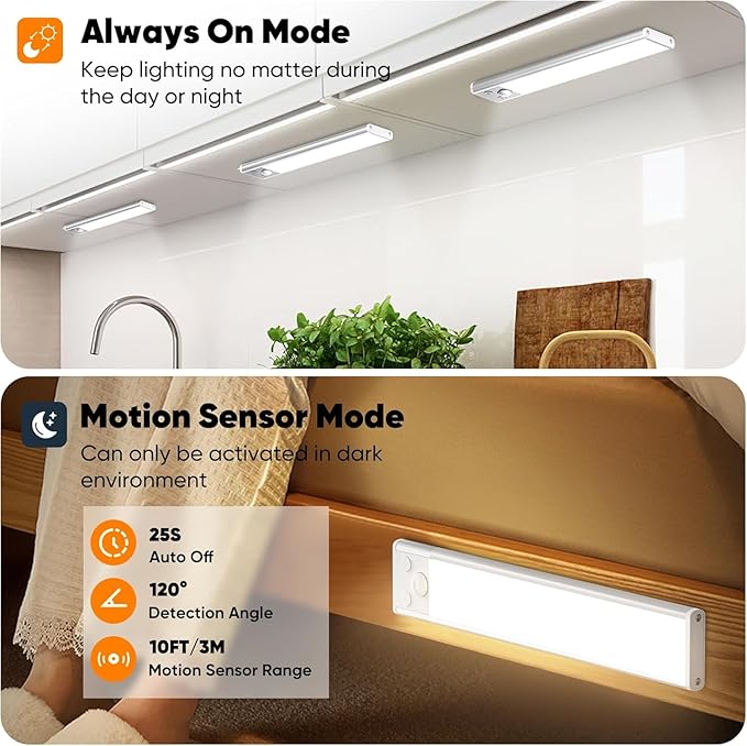 5-Pack 14'' Under Cabinet Lighting, 3200mAh Rechargeable Battery Operated Motion Sensor Lights Indoor with 108 LED&3 Color, Dimmable Wireless Magnetic Under Counter Closet Lights for Kitchen Stair