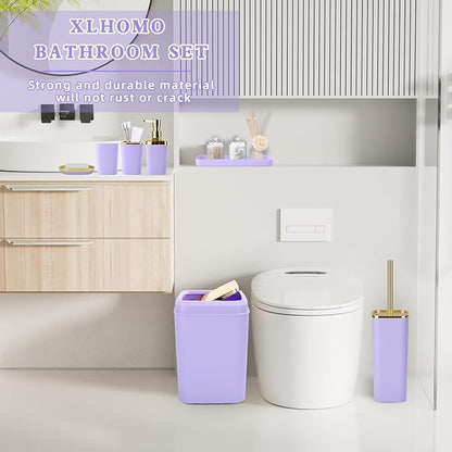 Purple Bathroom Accessories Set, Purple and Gold Bathroom Accessories with Trash Can, Soap Dispenser, Soap Dish, Toothbrush Holder and Q-tip Holders