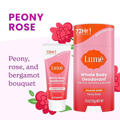 Lume Whole Body Deodorant - Invisible Cream Tube Mini + Solid Stick Bundle - 72 Hour Odor Control - Aluminum & Baking Soda Free, Skin Loving (Peony Rose)