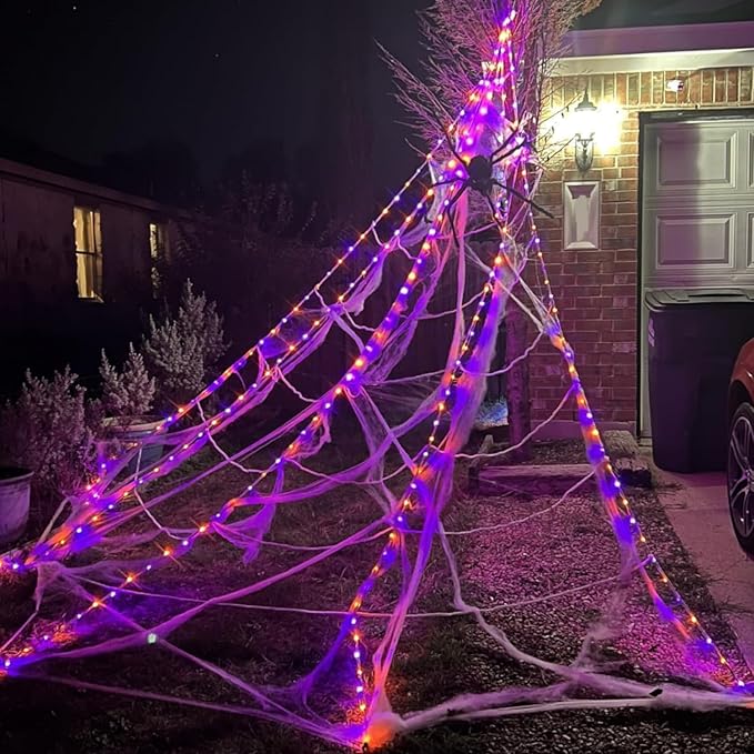 390 LED Halloween Spider Web Lights Decor, 5m Giant Net Lights with 26m Light Chain & Remote Control (8 Light Modes & Timer), Decoration for Garden Indoor Outdoor - Purple+Orange