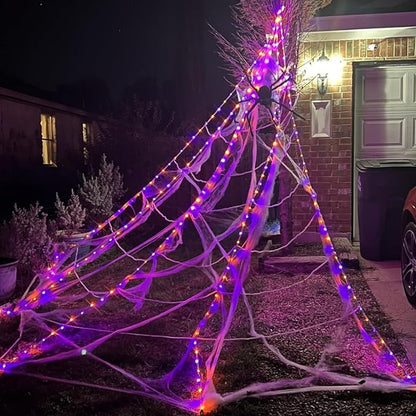 390 LED Halloween Spider Web Lights Decor, 5m Giant Net Lights with 26m Light Chain & Remote Control (8 Light Modes & Timer), Decoration for Garden Indoor Outdoor - Purple+Orange