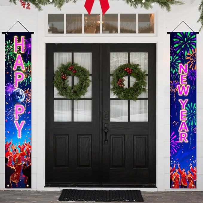 Nuxovilar Happy New Year Banner, 70.86" x 11.81" Pink Purple Fireworks Hanging Decorations for Outdoor Indoor Home Wall
