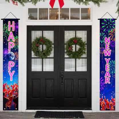Nuxovilar Happy New Year Banner, 70.86" x 11.81" Pink Purple Fireworks Hanging Decorations for Outdoor Indoor Home Wall