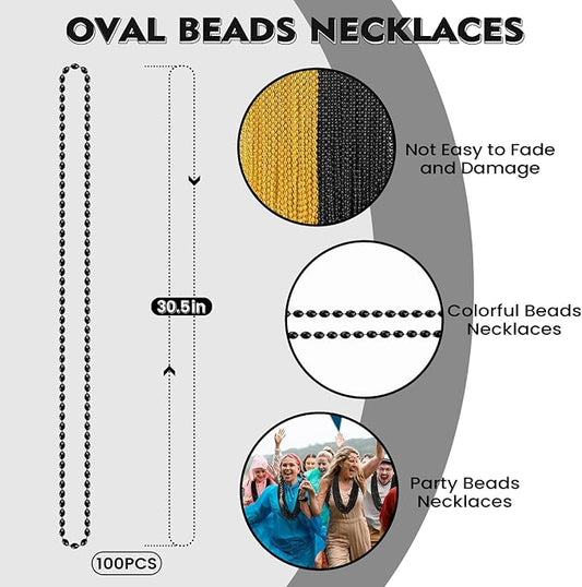 100 PCS Gold Black New Year Necklaces, 33'' New Year Eve Necklaces Oval Happy New Year Necklace Accessories, 2026 New Year Party Beads for New Year's Day, Halloween, Christmas, Carnival Party Favors