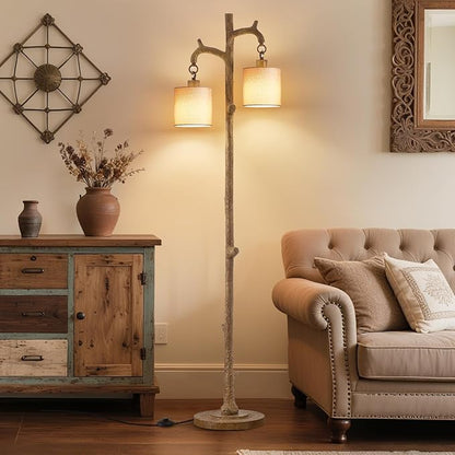 Floor Lamp for Living Room - 69" Rustic Farmhouse Tree Trunk Tall Lamp - Country Resin Vintage Reading Light Standing Lamps for Bedroom Office Classroom kid Room Home Decor (2 Reading Light, Brown)