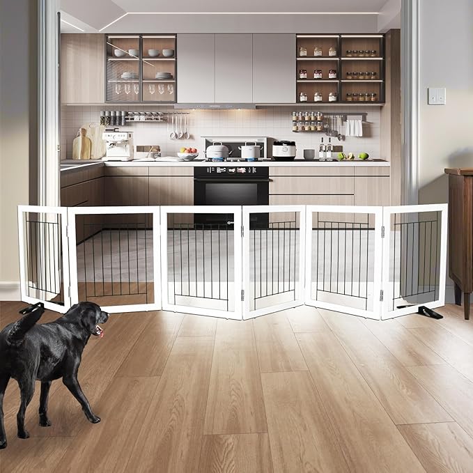 ZJSF Freestanding Dog Gate Indoor, Foldable Dog Fence for Doorways,Hallways or Stairs, Sturdy Wood Extra Wide Pet Gate with Support Feet,White,24 "Height-6 Panels