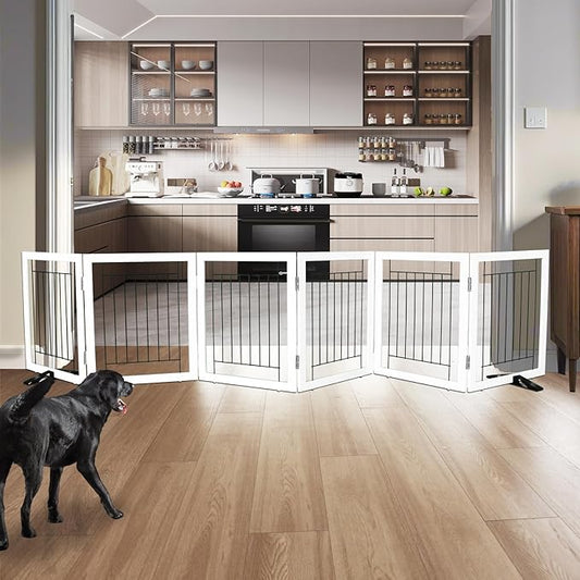 ZJSF Freestanding Dog Gate Indoor, Foldable Dog Fence for Doorways,Hallways or Stairs, Sturdy Wood Extra Wide Pet Gate with Support Feet,White,24 "Height-6 Panels