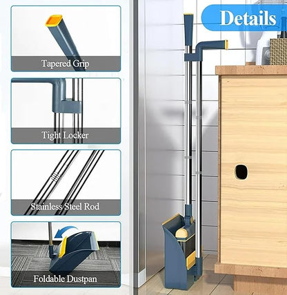 Broom and Dustpan Set 50" Long Handle Foldable Stand Up Broom and Dustpan with Comb Teeth for Indoor & Outdoor Sweeping Home Dog Cat Pets (Blue)