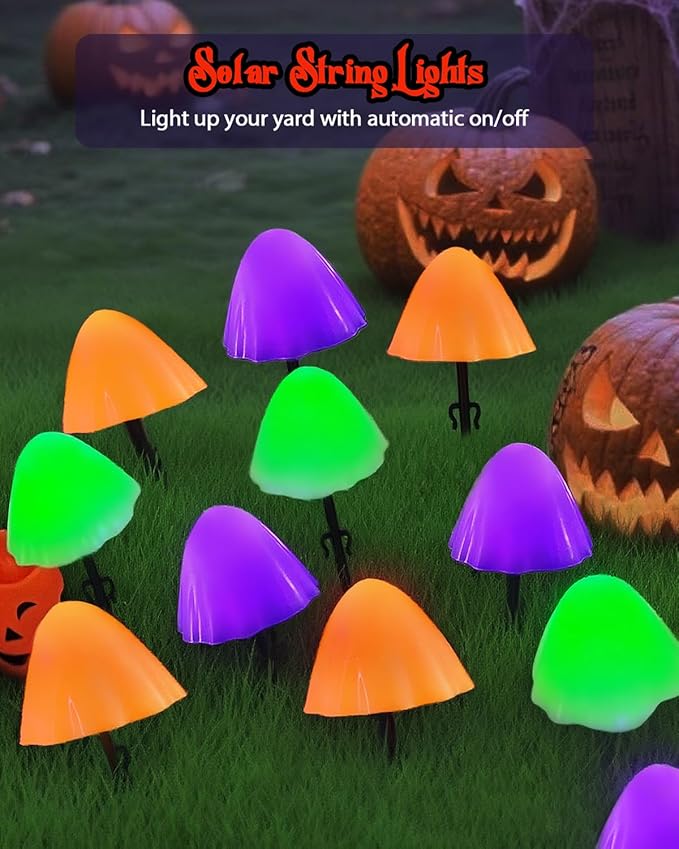 2PK 55FT 32LED Orange and Green Solar Mushroom Lights Outdoor, Solar String Light with 8 Lighting Modes Auto On/Off, Halloween Garden Lights for Witch Decorations