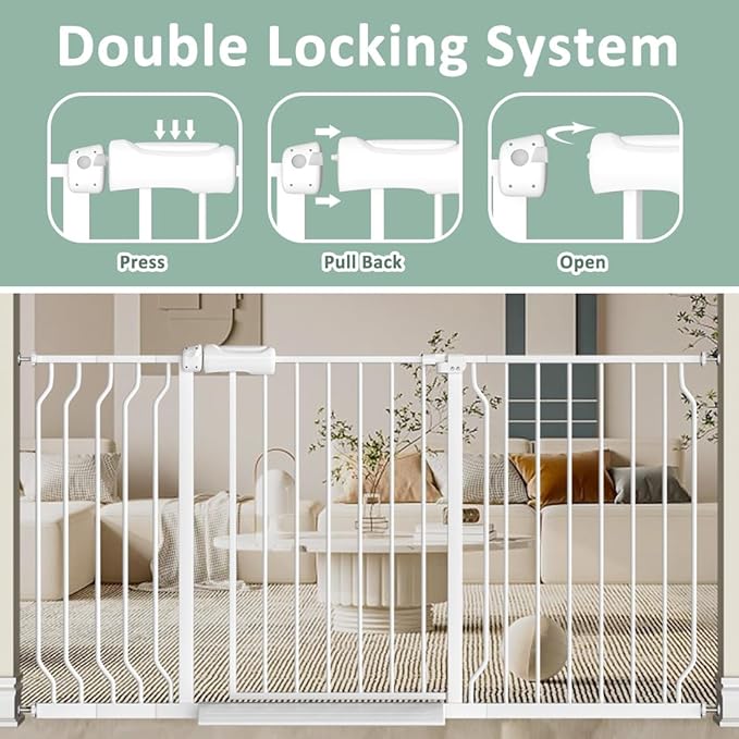 TSAYAWA Extra Wide Baby Gate with Door,33.8-38.5 Inch Walk Through Large Long Child Gates for Stair Doorway - Indoor Outdoor Safty Gate for Toddler Pet Dog Doggie White