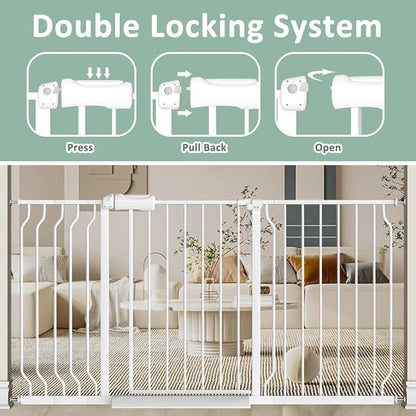 TSAYAWA Extra Wide Baby Gate with Door,33.8-38.5 Inch Walk Through Large Long Child Gates for Stair Doorway - Indoor Outdoor Safty Gate for Toddler Pet Dog Doggie White
