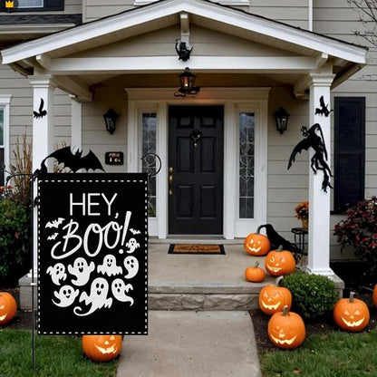 Fokongna Interesting Halloween Ghost Garden Flag, Halloween bat Ghost Hey Boo Garden Flag, 12x18 Inch Burlap Vertical Double Sided Flags, for Home Yard Outside Decorations