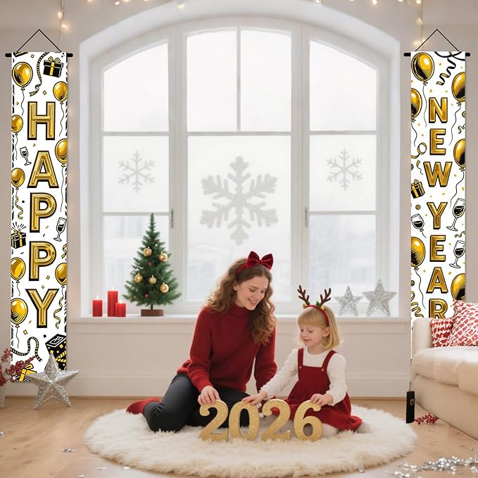 Nuxovilar Happy New Year Banner, 70.86" x 11.81" Black Gold Champagne Glass Hanging Decorations for Outdoor Indoor Home Wall
