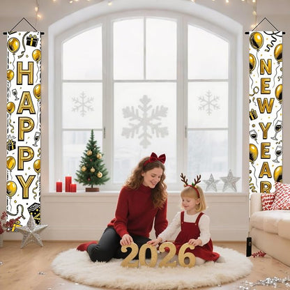 Nuxovilar Happy New Year Banner, 70.86" x 11.81" Black Gold Champagne Glass Hanging Decorations for Outdoor Indoor Home Wall