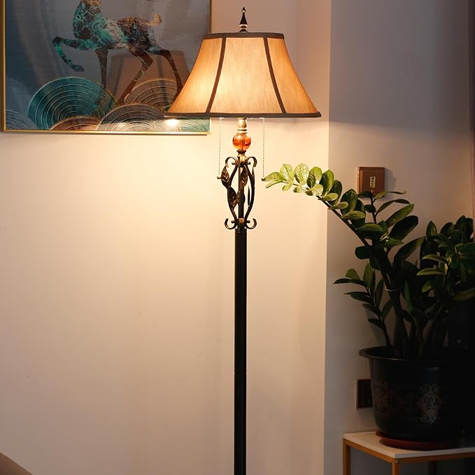 Farmhouse Mid-Century Yellow Fabric Floor Lamp with Metal Leaf Resin Base 70 Inch Height Decor for Office Bedroom Living Room