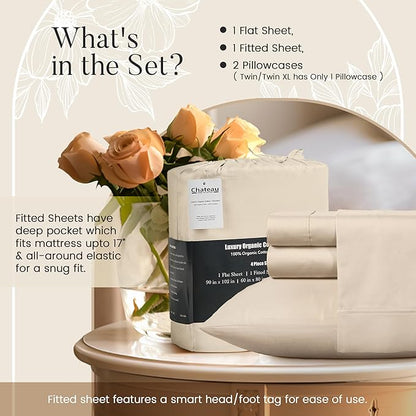 Twin XL 100% Cotton Sheets For Twin Bed, 300TC Fully Elasticated Fitted Sheet & Pillowcase Sets, Fade Resistant Soft & Comfy Deep Pocket Sheets Machine Washable, Naturally Cool & Breathable- Ivory
