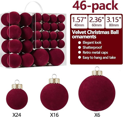 Velvet Christmas Ball Ornaments Set-46pcs Flocked Shatterproof Christmas Tree Decorations Plastic Xmas Decorative Hanging Ornaments for Xmas Holiday Home Decor,3 Sizes(Burgundy)