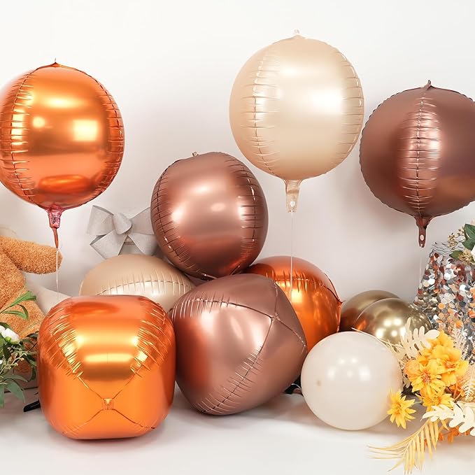 Retro Beige Orange Brown Round Foil Balloons 9 pcs,Metallic Giant 4D Round Balloons 22 Inch for Baby Shower Thanksgiving Fall Party Decorations