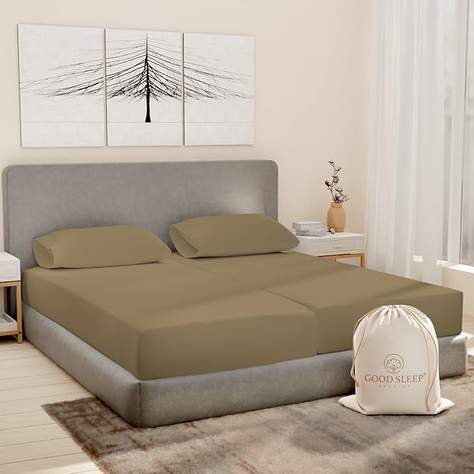Good Sleep Bedding Split King Sheets Sets for Adjustable Bed Cotton, Luxury Sheets, 1000 TC Egyptian Cotton, 5 Piece 100% Cotton Split King Sheet Set, Sateen Weave, 2 Fitted - 16" Deep Pocket, Taupe