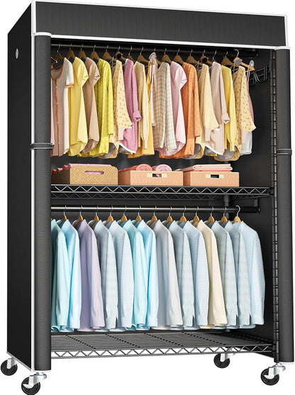 Black Clothing Rack with Black Cover, P1C Plus Rolling Closet with Wheels, Metal Garment Rack for Hanging Clothes, Clothing Storage Wardrobe, 46" W x 18.5" D x 80.7" H, Load 524 Pounds