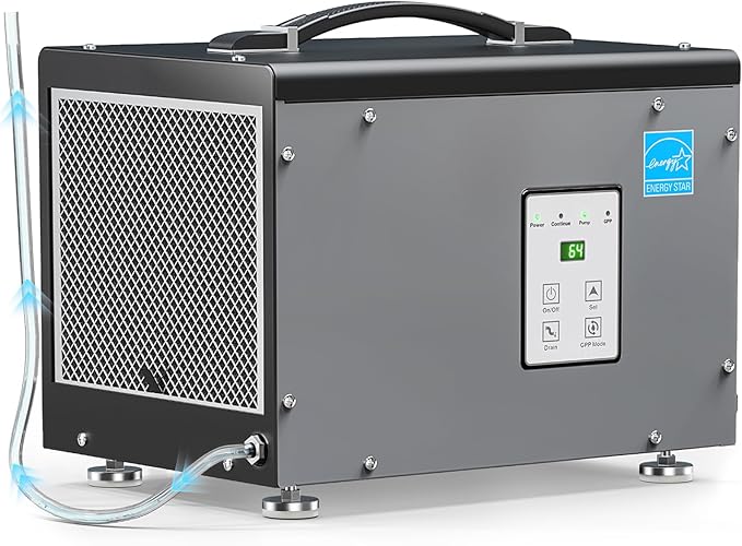 BaseAire Crawlspace Dehumidifier with Pump, Energy Star Compact Dehumidifiers for Commercial and Basement with Drain Hose, 70 PPD, Auto Defrost, GLGR Technology, Up to 1000 Sq Ft