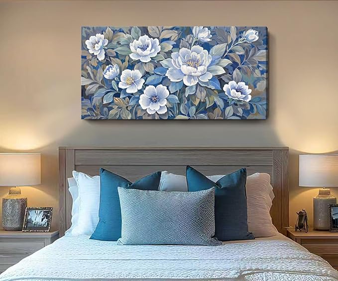 ARTZON Large Wall Art for Living Room Botanical Flower Canvas Print Blue and White Grey Floral Peony Artwork Modern Spring Leaf Plant Picture Home Women Bedroom Dining Room Office Decor 48x24 Inch