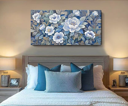 ARTZON Large Wall Art for Living Room Botanical Flower Canvas Print Blue and White Grey Floral Peony Artwork Modern Spring Leaf Plant Picture Home Women Bedroom Dining Room Office Decor 48x24 Inch