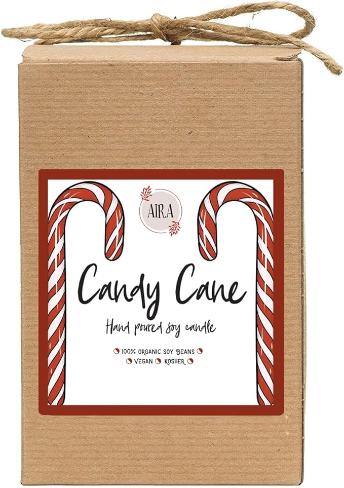 Aira Soy Christmas Candles - Organic, Kosher, Vegan, in Farmhouse Jar w/Essential Oil Blends - Hand-Poured 100% Soy Candle Wax - Paraffin Free, Burns 150+ Hours - Peppermint Candy Cane - 20 Ounces