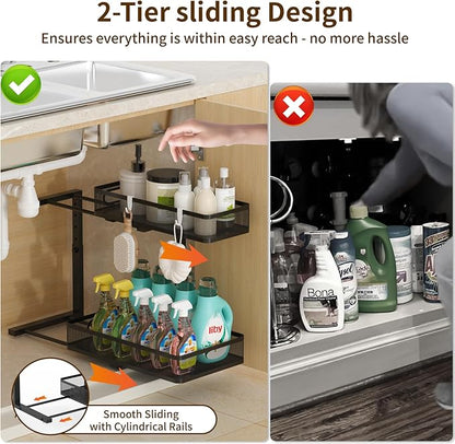 Under Sink Organizer 2 Pack, 2-Tier Slide Out Cabinet Organizer with Metal Sliding Drawer and Hooks, Pull Out Storage Baskets for Kitchen Bathroom Pantry Cabinet Organization (black)