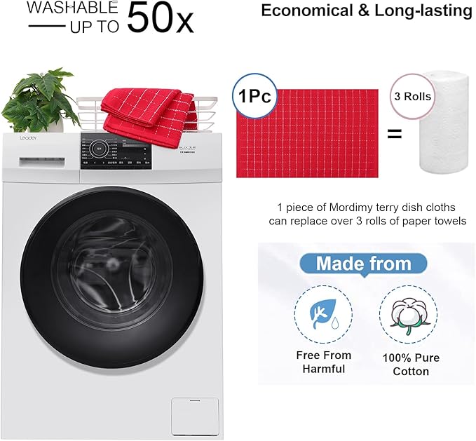 Mordimy 100% Cotton Terrycloth Kitchen Towels and Dishcloths Sets, Soft and Absorbent Checkered Dish Towels, Quick Drying Dish Rags for Washing Dishes, 4 Pack 16" x 26" & 4 Pack 12" x 12", Red