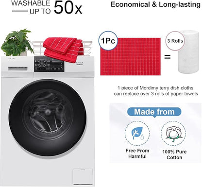 Mordimy 100% Cotton Terry Cloth Kitchen Towels, Super Soft and Absorbent Dish Towels for Drying, Checkered Designed Hand Towels for Kitchen, 16 x 26 Inches, 8 Pack, Red