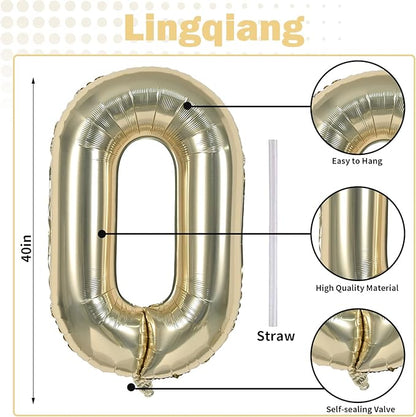 40" Balloon Number 0 Champagne Gold, Large Foil Number Balloons Set 0-9 for Girls Women, Light Gold 0 Helium Balloons for Boys Men Birthday Anniversary Graduation New Year Party Decoration Supplies