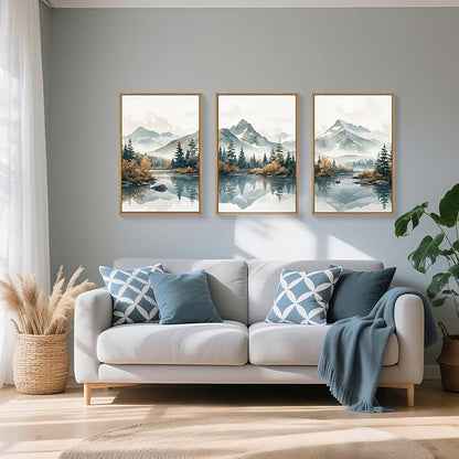 HLNIUC White Foggy Forest Mountain Wall Art Framed,Large Misty Watercolor Pine Tree Wall Decor set of 3 (24"x36"), Nature Lake Landscape Canvas Painting for Living Room, Bedroom, Office