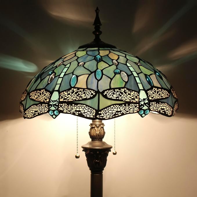 Tiffany Floor Lamp Sea Blue Stained Glass Dragonfly Style 16X16X70 Inch Antique Standing Reading Light