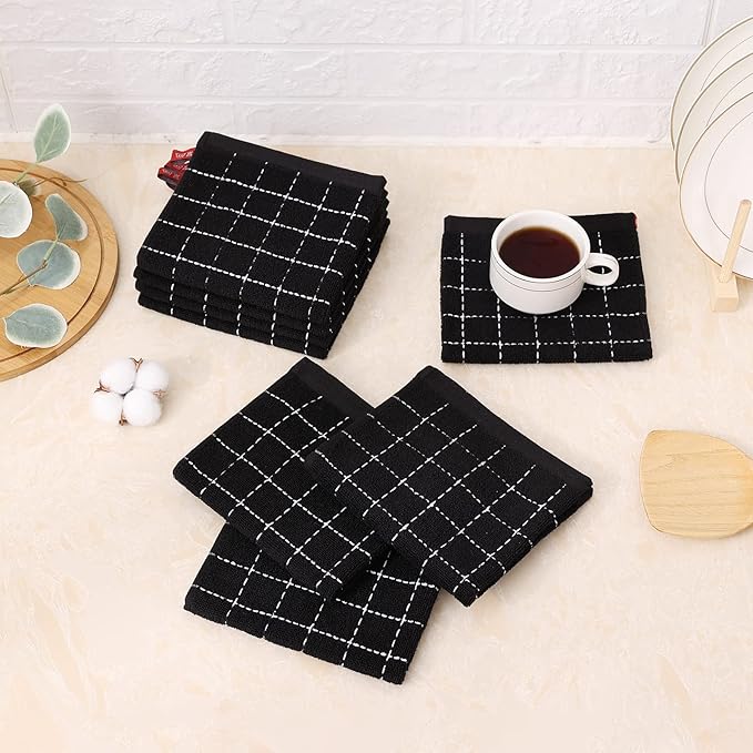 Mordimy 100% Cotton Terrycloth Kitchen Towels and Dishcloths Sets, Soft and Absorbent Checkered Dish Towels, Quick Drying Dish Rags for Washing Dishes, 4 Pack 16" x 26" & 4 Pack 12" x 12", Black